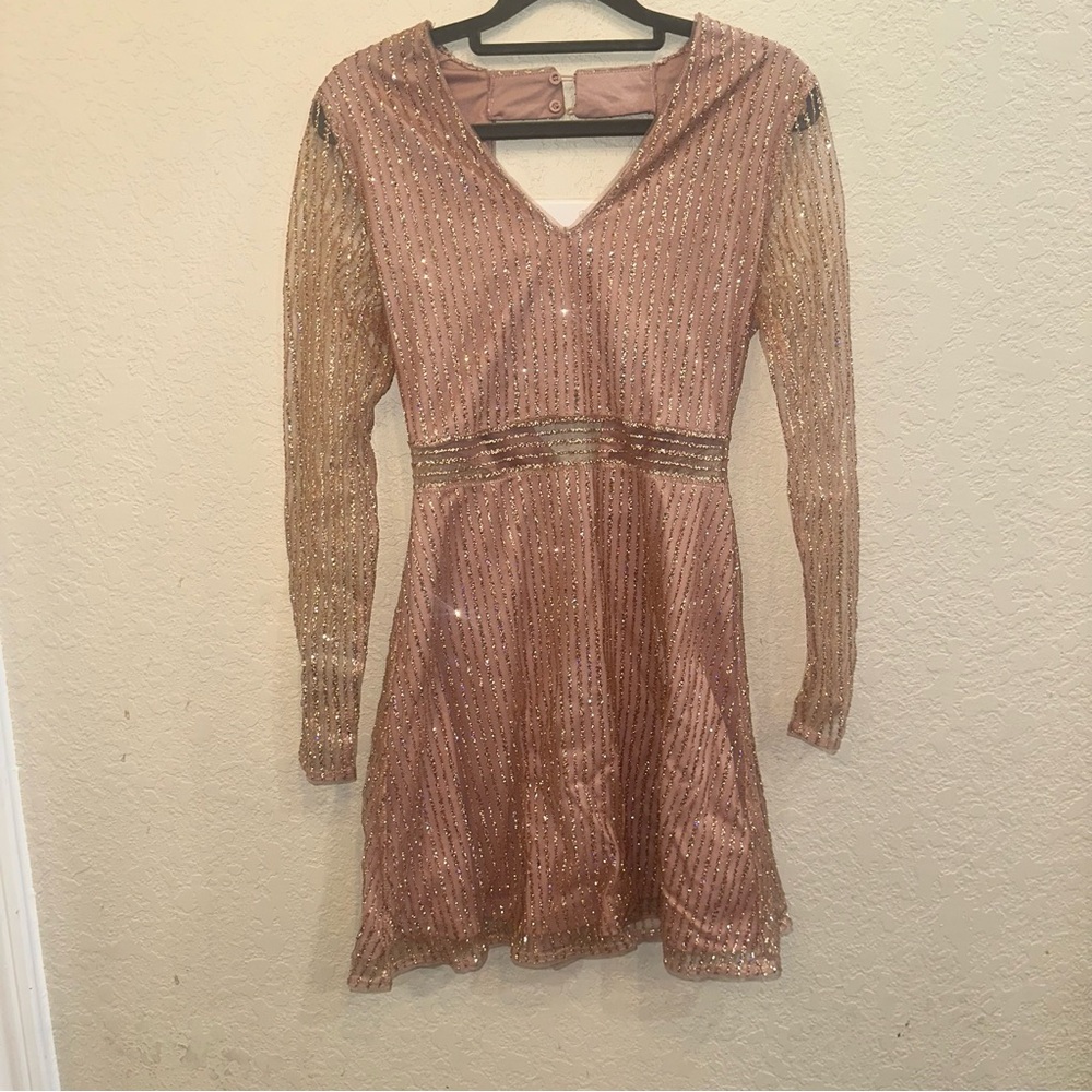 NEW New Look 4 Blush Pink Sequin Mesh Long Sleeve Formal Mini Cocktail Dress